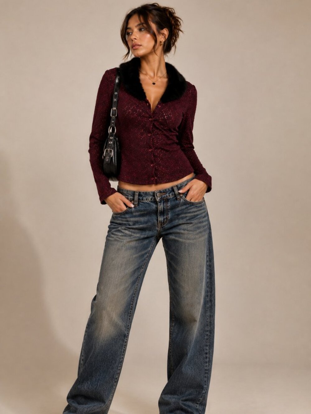 Originals Y2K Fur Collar Button Front Top Burgundy Glitter Faux Size Small